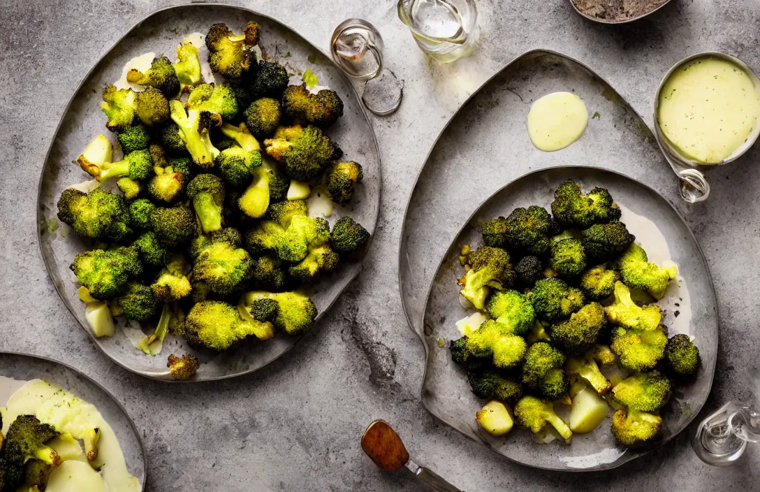 Image similar to deep fried broccoli, side of potatoes, food photography, award winning, michelin star restaurant