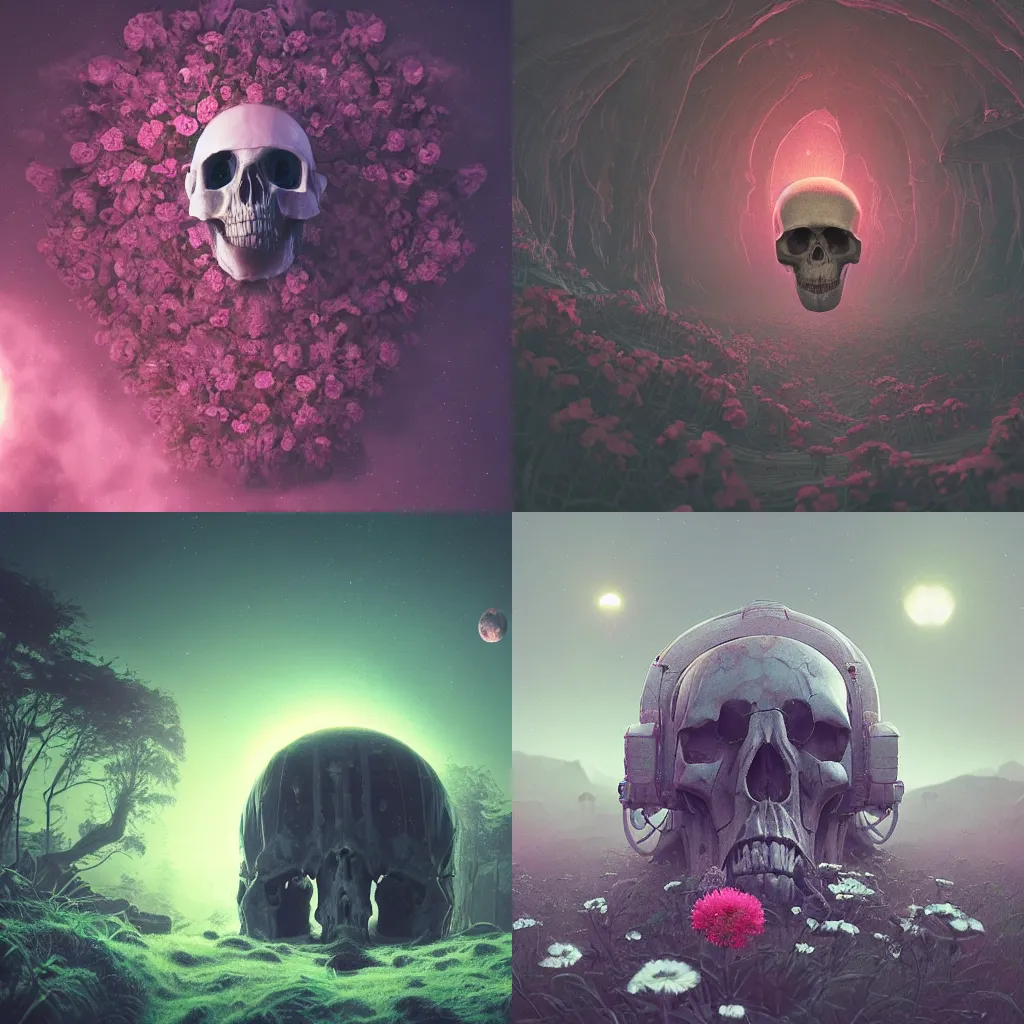 Prompt: beautiful dark creepy landscape, giant astronaut skull with beautiful flowers growing in the style of beeple and Mike Winkelmann, intricate, epic lighting, cinimatic composition, hyperrealistic, 8k resolution,