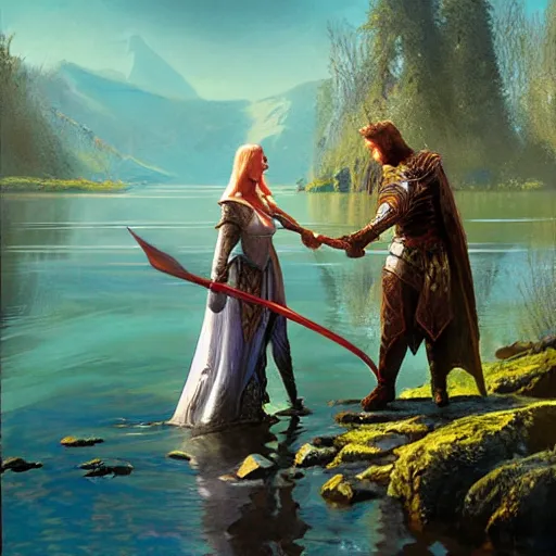 Image similar to the lady of the lake gives excalibur to king arthur by craig mullins and james gurney