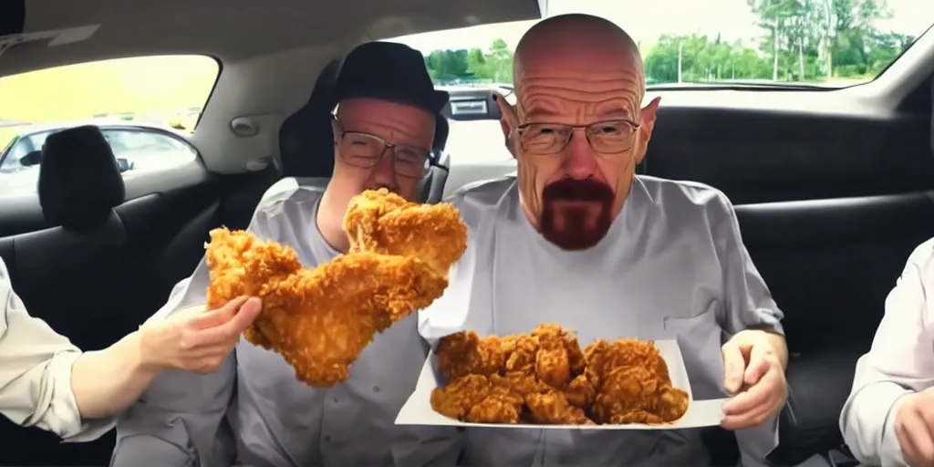 Prompt: walter white mukbang inside car, youtube video screencap, eating fried chicken, greasy face stuffed with chicken, double chin, real, fat, detailed, 4k