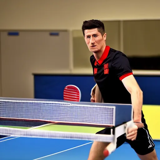 Prompt: Robert Lewandowski playing table tennis on a tournament, table tennis racquet in his hand, high quality news photography