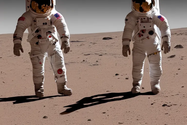 Image similar to female astronaut taking the first steps on mars in futuristic soacesuit, landed spaceship in background