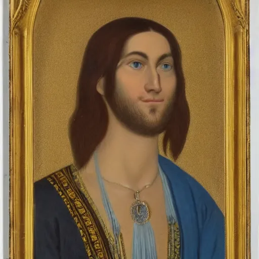 Image similar to a very detailed portrait of a young adult man in completely baby blue tunic, wearing a gold medallion!!! around his neck. he has an oval shaped head and roundish nose, blue eyes, kind face and no facial hair. he has dark brown hair and wears it in a tight long ponytail.