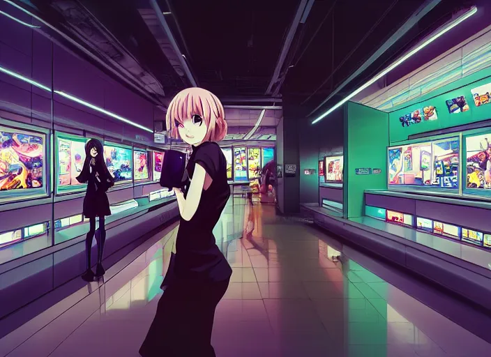 Image similar to lomography, anime, portrait of a young woman in a samsung shop interior shopping, glowing, haruhiko mikimoto, hisashi eguchi, lodoss, dynamic pose and perspective, dramatic lighting, detailed facial features, rounded eyes, sharpened image, yoshinari yoh