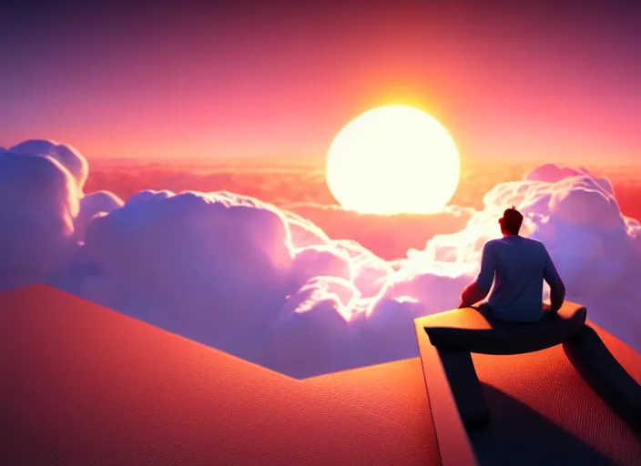 Prompt: a man sleeping on top of a cloud, morning sunrise, digital art, concept, radiant light, soft highlights, smooth render, unreal engine render