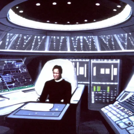 Prompt: captain kirk sitting in the captains chair on the bridge of the starship enterprise