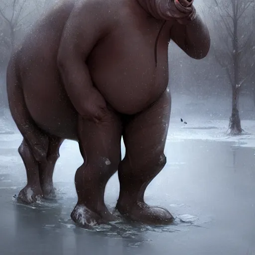 Prompt: anthropomorphic hippopotamus humanoid monk by greg rutkowski, water temple, winter, fantasy