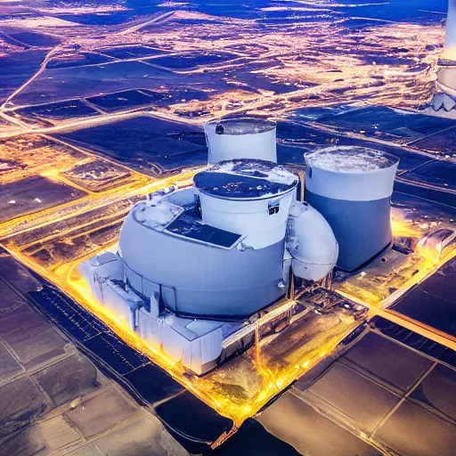 Image similar to photo of an upsidedown nuclear power plant at night birds eye view inception cinematic