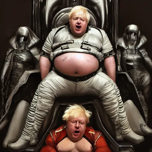 Image similar to boris johnson as baron harkonnen wearing a leather spacesuit and sitting on a throne flanked by dark priestesses, by normal rockwell and greg staples and craig mullins, science fiction character concept art, artstation - H 832