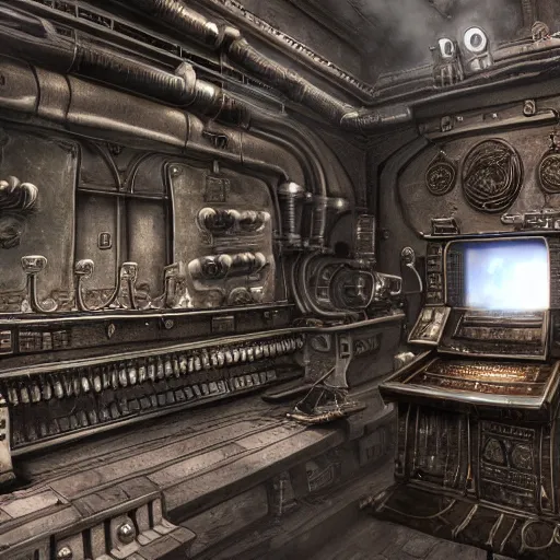 Prompt: Steam computer in ancient time, highly detailed, highly realistic, artstation, by Hans Giger