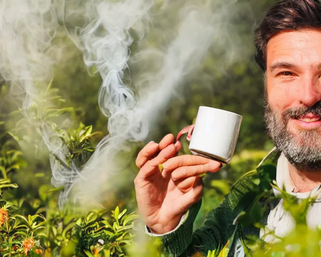 Prompt: mr robert is drinking fresh tea, smoke pot and meditate in a garden from spiral mug, detailed smiled face, short beard, golden hour closeup photo, red elegant shirt