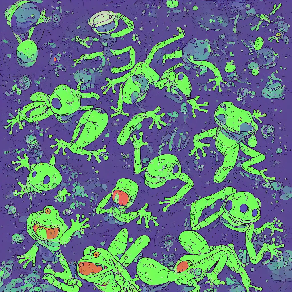 Image similar to indigo toads, frogs, ryuta ueda artwork, breakcore, jet set radio artwork, y 2 k, gloom, space, cel - shaded art style, indigo rainbow, data, minimal, code, cybernetic, dark, eerie, cyber