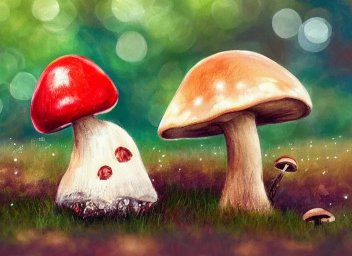 Image similar to a cute creature sitting next to a mushroom, realistic, very detailed, complex, intricate, studio lighting, superres sharpening, bokeh, sigma 5 0 mm f 1. 4, impressionist painting, digital painting, artstation, simon stalenha