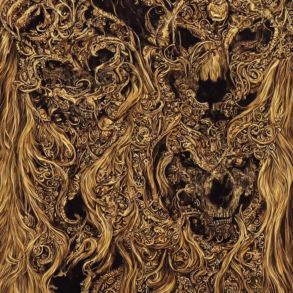 Image similar to photo portrait portrait of femine puma with skull pendant, wolf skull pedant, golden fur, symmetric, intricate skeletal decorations on ornate silks, symmetry, highly detailed, concept art, ornaments, black, red, white, gold layers, super moon, style of nekroxiii, hyperrealistic