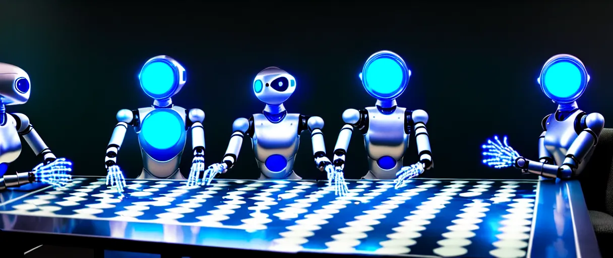 Image similar to a highly detailed photo of two futuristic matte blue full humanoid robots with glowing led eyes and chrome accents, sitting on large midcentury recliners facing off in an intense game of checkers. cinematic movie photograph, cinematic lighting, arri alexa, extremely detailed, smooth, very very clean, 8 k, octane render, maya render, unreal engine, trending on artstation, dslr