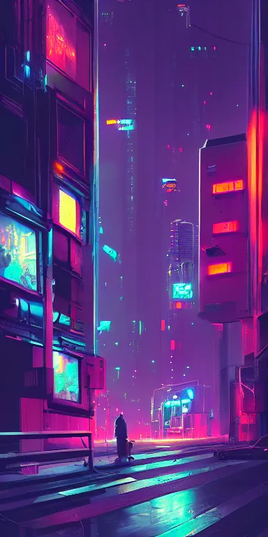 Prompt: street - level view from a cyberpunk city, concept art, night, neon lights, high quality digital art, by michal lisowski, trending on artstation