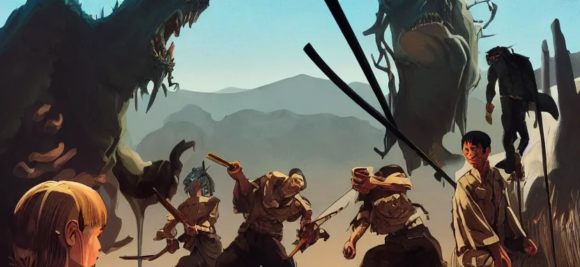 Image similar to a monster stalks a group of adventuring mercenaries, digital painting masterpiece, by ilya kuvshinov, by frank frazetta, by mœbius, by reiq, by hayao miyazaki, intricate detail, beautiful brush strokes, advanced lighting technology, 4 k wallpaper, interesting character design, stylized yet realistic anatomy and faces, inspired by kill bill animated scene