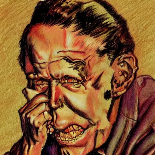 Prompt: ai with crippling brain damage trying to draw with a crayon, style of norman rockwell, style of richard corben.