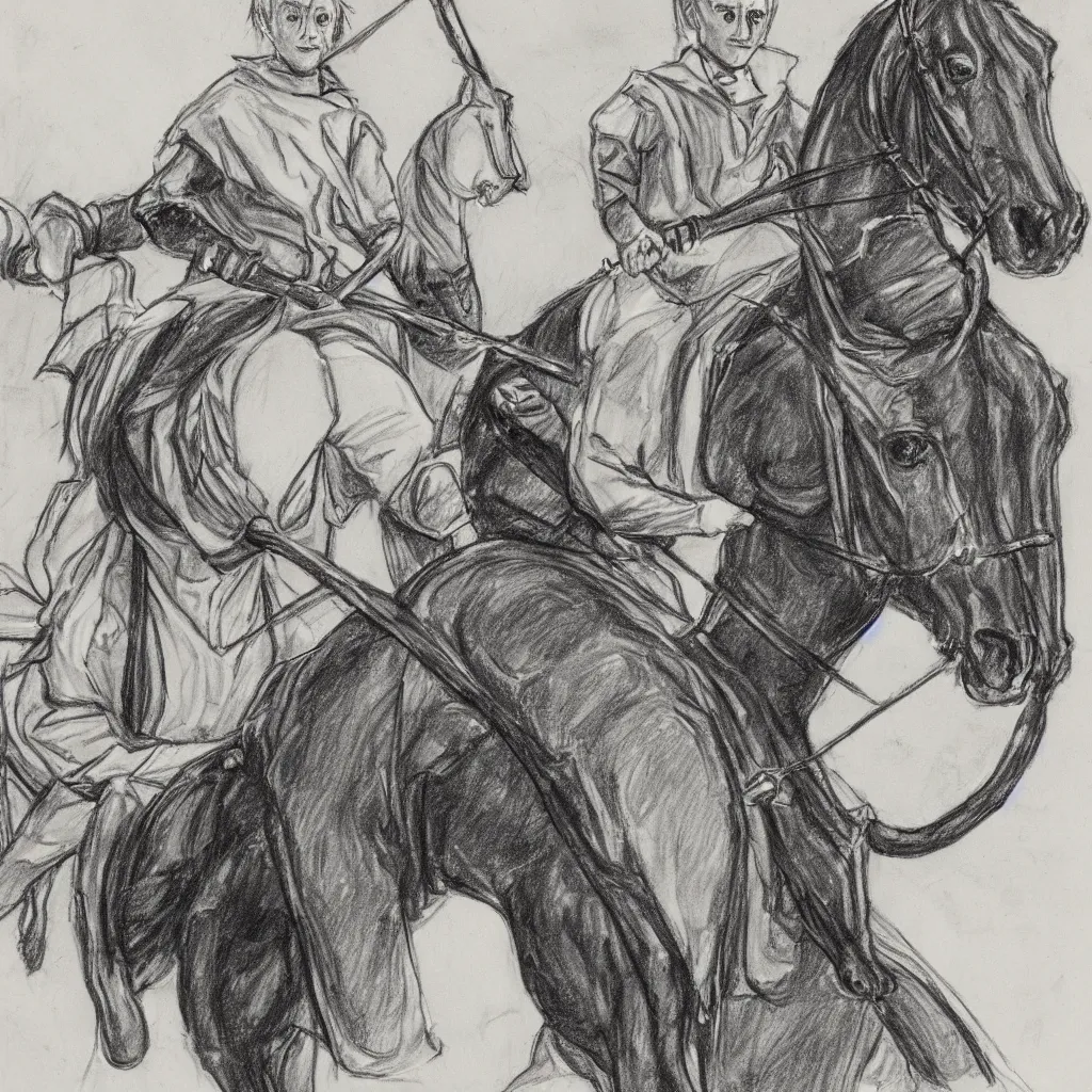 Image similar to sketch of single Draco Malfoy riding one black horse at Hogwarts, drawings, by Mary GrandPré, extreme detail
