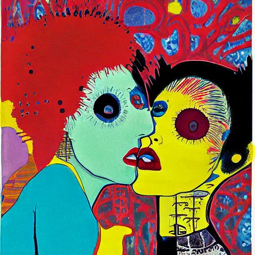 Image similar to beautiful painting of two bizarre psychedelic women kissing each other closeup in tokyo in springtime, speculative evolution, mixed media collage by basquiat and junji ito, magazine collage art, paper collage art, sapphic art, lesbian art