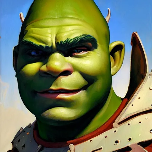 Prompt: greg manchess portrait painting of shrek in a futuristic armor, medium shot, asymmetrical, profile picture, organic painting, sunny day, matte painting, bold shapes, hard edges, street art, trending on artstation, by huang guangjian and gil elvgren and sachin teng