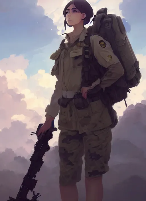 Prompt: portrait of cute soldier girl, cloudy sky background lush landscape illustration concept art anime key visual trending pixiv fanbox by wlop and greg rutkowski and makoto shinkai and studio ghibli and kyoto animation soldier clothing military gear realistic anatomy mechanized modern warfare