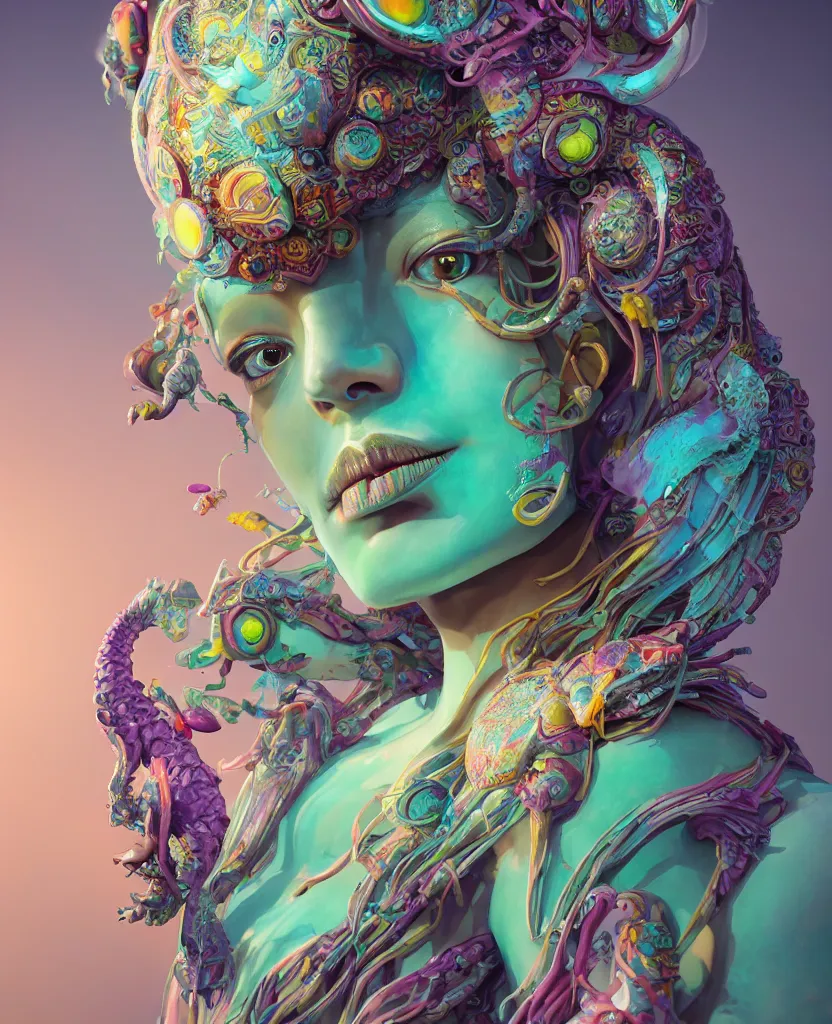 Image similar to goddess full color painted acryllic sculpture close-up portrait. orchid bird phoenix head, nautilus, skull, betta fish, bioluminiscent creatures, intricate artwork by Tooth Wu and wlop and beeple. octane render, trending on artstation, greg rutkowski very coherent symmetrical artwork. cinematic, hyper realism, high detail, octane render, 8k