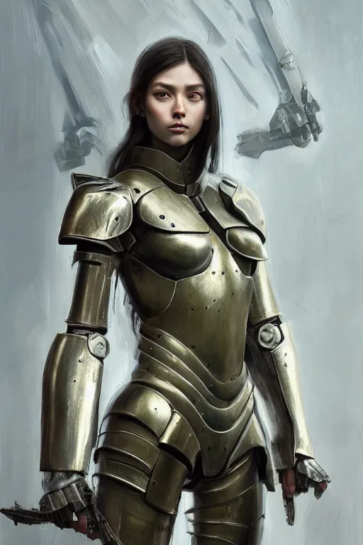 Image similar to a photorealistic painting of an attractive young girl, partially clothed in metal-plated battle armor, olive skin, long dark hair, beautiful bone structure, symmetrical face, perfect eyes, intricate, elegant, digital painting, concept art, illustration, sharp focus, minimal artifacts, from Metal Gear, in the style of Ruan Jia and Mandy Jurgens, by Greg Rutkowski, trending on Artstation, award winning