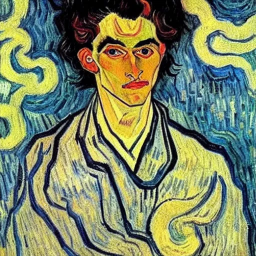 Image similar to painting of handsome beautiful dark medium wavy hair man in his 2 0 s, dressed as an oracle, foreseeing the future, elegant, clear, painting, highly stylized, art by vincent van gogh, egon schiele