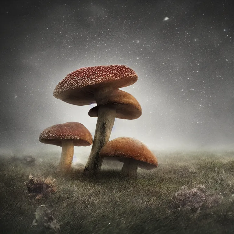 Image similar to a planet of various fungus, mushrooms and plants, inside the picture is infinity, Atmospheric phenomenon, artistic photography, muted colors, conceptual, long exposure outside the city, volumetric light