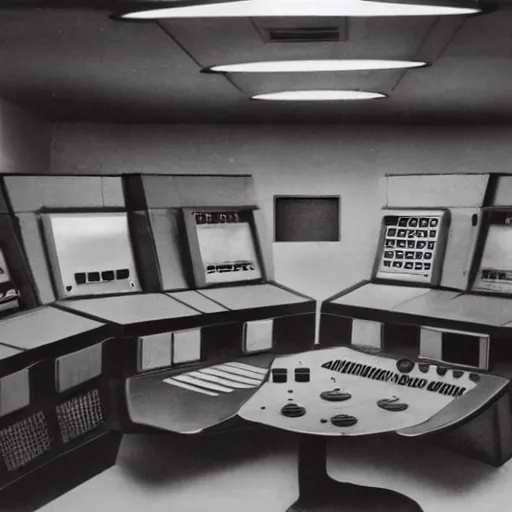 Prompt: retro future control panel room