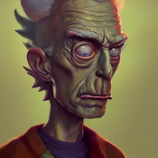 Image similar to A highly detailed full body portrait painting of Rick from Rick and Morty, Greg Rutkowski, trending on artstation