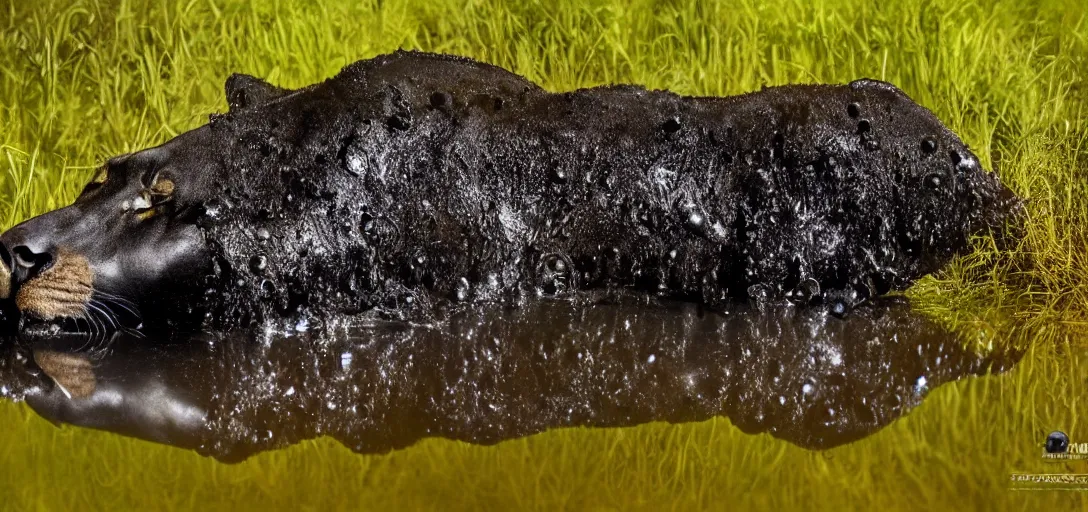 Prompt: a black lioness, made of ferrofluid, bathing inside the lake of ferrofluid, full of goo, covered with ferrofluid. dslr, photography, realism, animal photography, color, savanna, wildlife photography