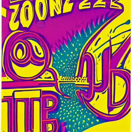 Image similar to Fillmore concert poster for The Bozone by Victor Moscoso and Rick Griffin, psychedelic, day-glo colors, flowing lettering