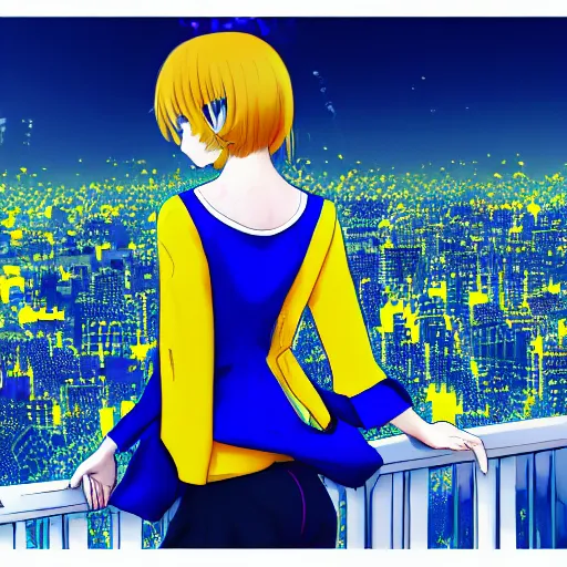 Image similar to anime ukrainian girl, in blue and yellow clothes, watching explosions in big city, concept art, trending on artstation, highly detailed, intricate, sharp focus, digital art, 8 k