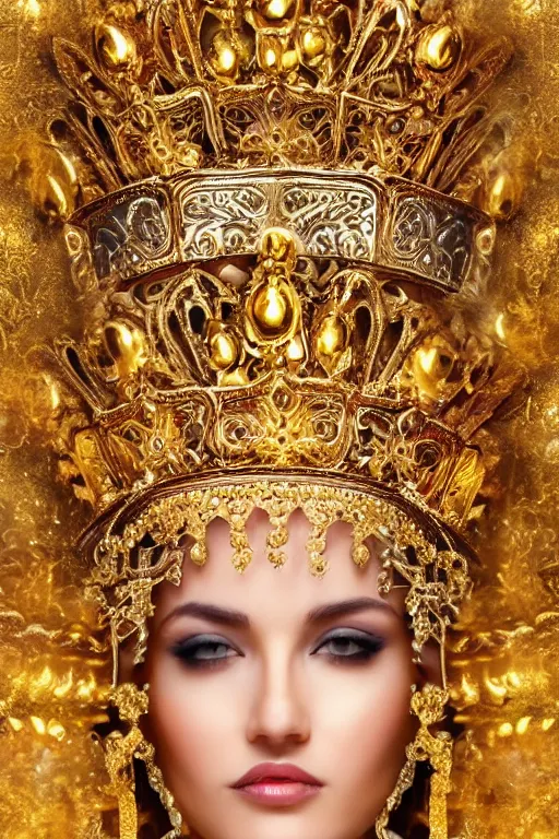 Image similar to beautiful face, gold ornaments around face, crown, flowers in the background, gold beam behind, cinematic lighting, hyper realism,