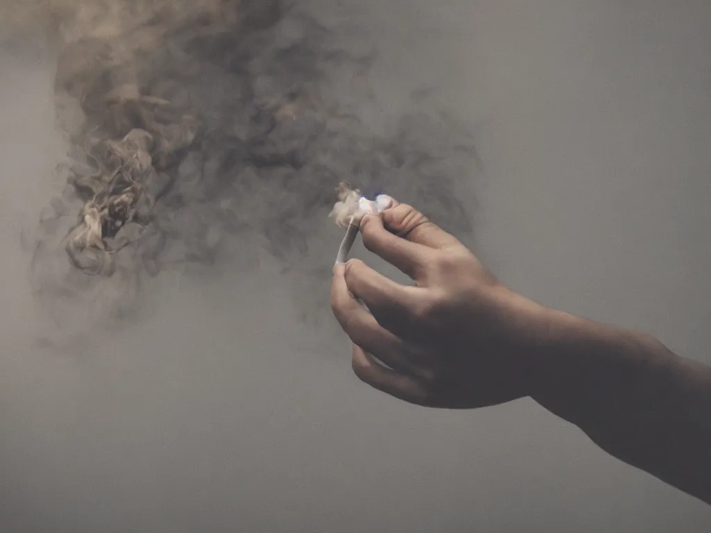 Prompt: Close-up view of hyperrealistic natural thin soft hand holding cigarette with smoke, hyper realistic photo, 4K