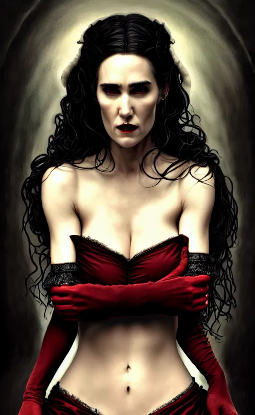 Prompt: jennifer connelly vampire queen, sharp fangs, blood, full body, intricate victorian dress, digital art, cinematic lighting, studio quality, symmetrical eyes, artgerm, joshua middleton, rafael albuquerque, moody lighting, candles, art style by klimt, nixeu and ian sprigger and wlop and krenz cushart