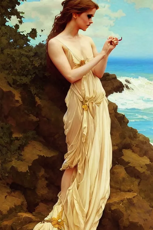 Image similar to a beautiful emma watson wearing a dress emerging from the water, oil on canvas, sensuality, artstation, by j. c. leyendecker and edmund blair leighton and charlie bowater, instagram photo