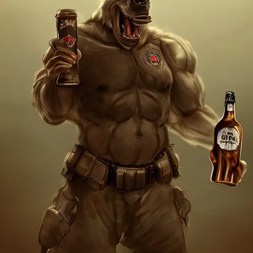 Image similar to a humanoid german shepherd beast - man in military style, holding a bottle of beer, artstation, concept art, smooth, sharp foccus ilustration, artstation