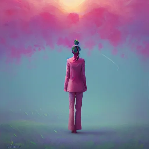 Image similar to giant rose flower head, frontal, girl in a suit, surreal photography, sunrise, dramatic light, impressionist painting, digital painting, artstation, simon stalenhag