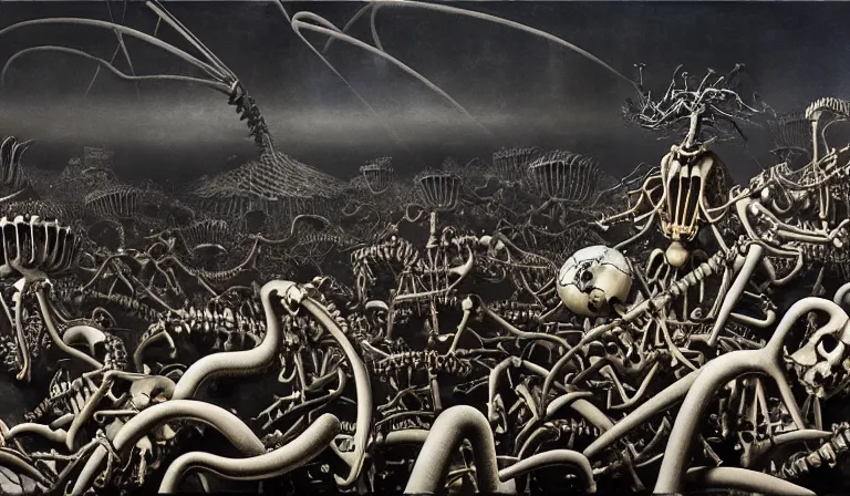 Prompt: still frame from Prometheus by Yves Tanguy and utagawa kuniyoshi, Vast hell plains with resurrecting arcane mycelium biomechanical giger cyborg skeletons in style of Jakub rozalski with character designs by Neri Oxman, metal couture haute couture editorial