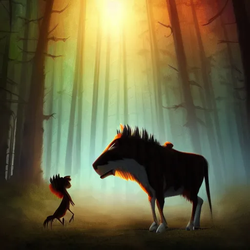 Image similar to medium shot native american with animal companion, in a dark forest, mysterious, backlit, still from a pixar dreamworks movie, trending on artstation