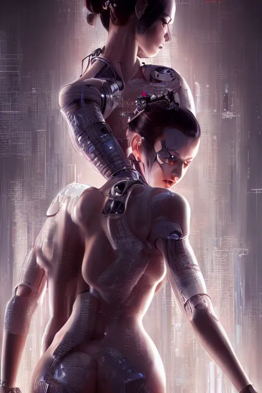 Image similar to Photorealistic illustration, full body geisha cyborg woman, with fashion clothe, six digital eyes by sorayama , cyberpunk 2077, sci-fi, futuristic, intricate, elegant, highly detailed, digital painting, artstation, concept art, smooth, sharp focus, art by artgerm, greg rutkowski and alphonse mucha