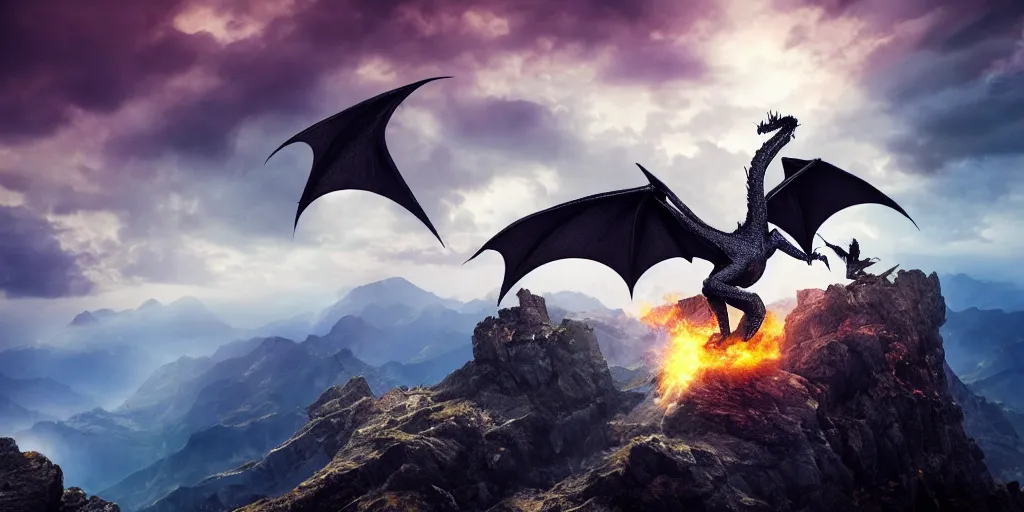 Image similar to A single simple dragon with half open wings breathing fire and standing on the top of a mountain, epic composition, epic lighting, detailed and intricate image, cinematic, 4K