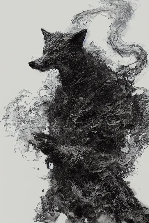 Image similar to portrait of a void fox in black suit surrounded by smoke fumes,, pen and ink, intricate line drawings, by craig mullins, ruan jia, kentaro miura, greg rutkowski