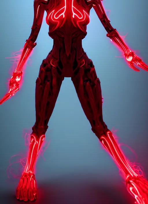 Image similar to stunning symmetric full body character image, woman, predator, Protoss, human, Tsutomu Nihei, 3d octane render, unreal engine, hyper realistic, realistic, white bone armor, soft illumination, human facial features, surrounded in red glowing tendrils of whispy smoke, trending artstation, 4K, insane