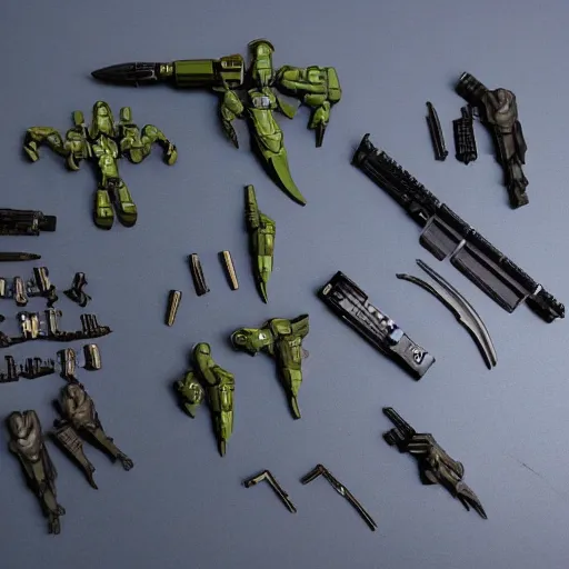 Prompt: halo weapons as plastic warhammer figurine parts