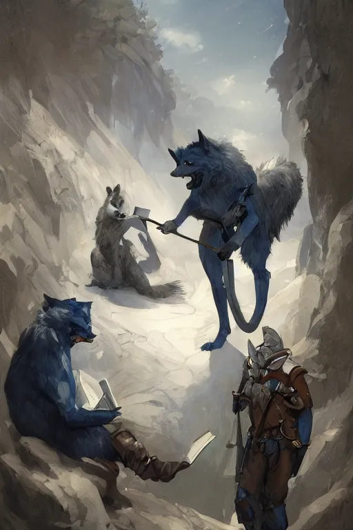 Image similar to concept art of fitzchivalry and nighteyes wolf reading the book les antiseches du bonheur of jonathan lehmann,, by aenaluck, artgerm and roberto ferri and greg rutkowski, blue and white tones, digital painting, artstation, concept art, smooth, sharp foccus ilustration hq