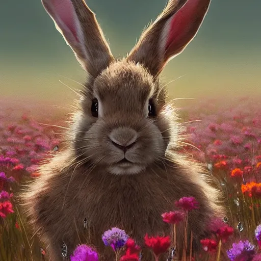 Prompt: A werebunny transforming in a field of flowers. Academic painting by Greg Rutkowski, Mobile still frame. 4K UHD